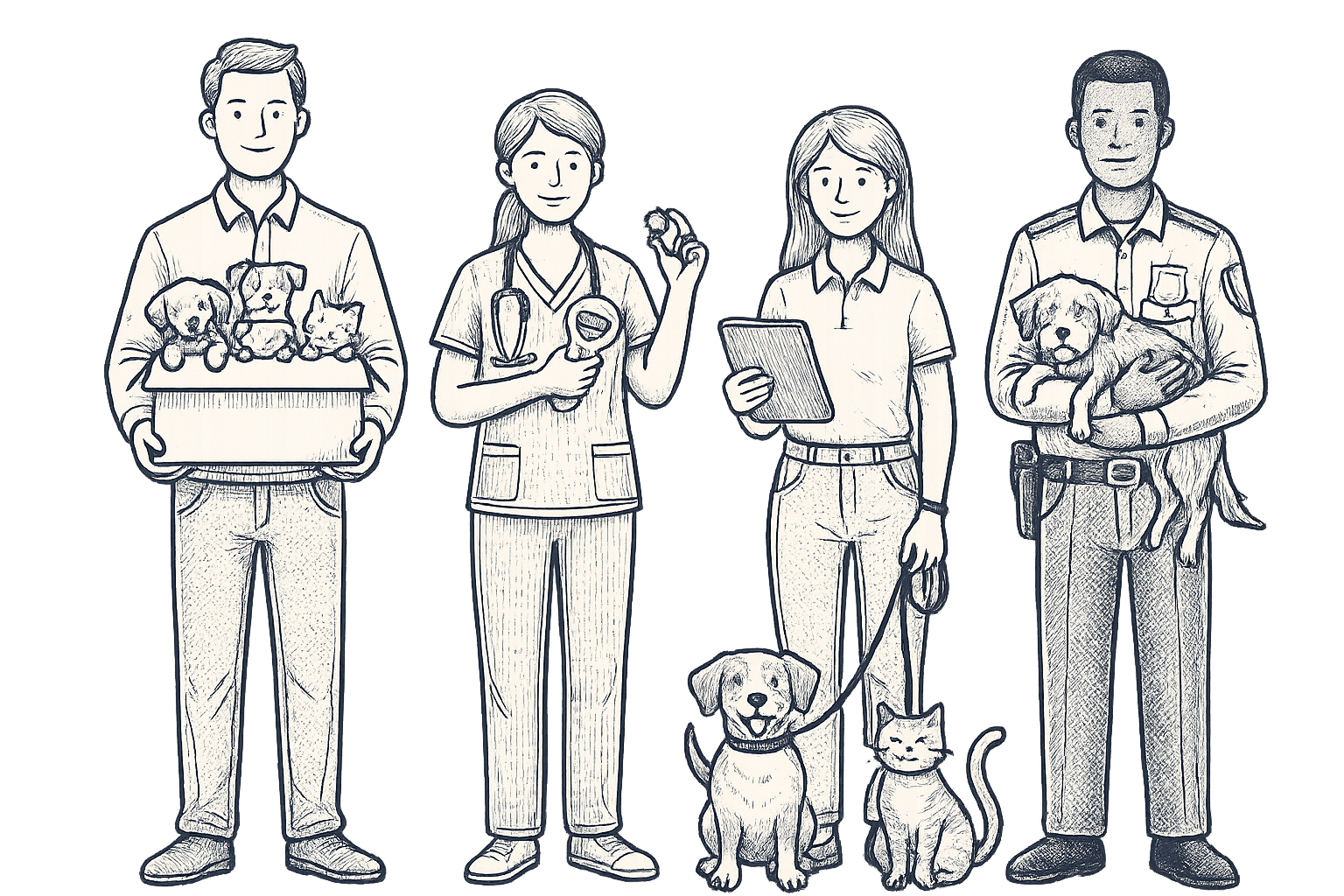Illustration of a breeder, a vet, a keeper and a welfare officer with their pets